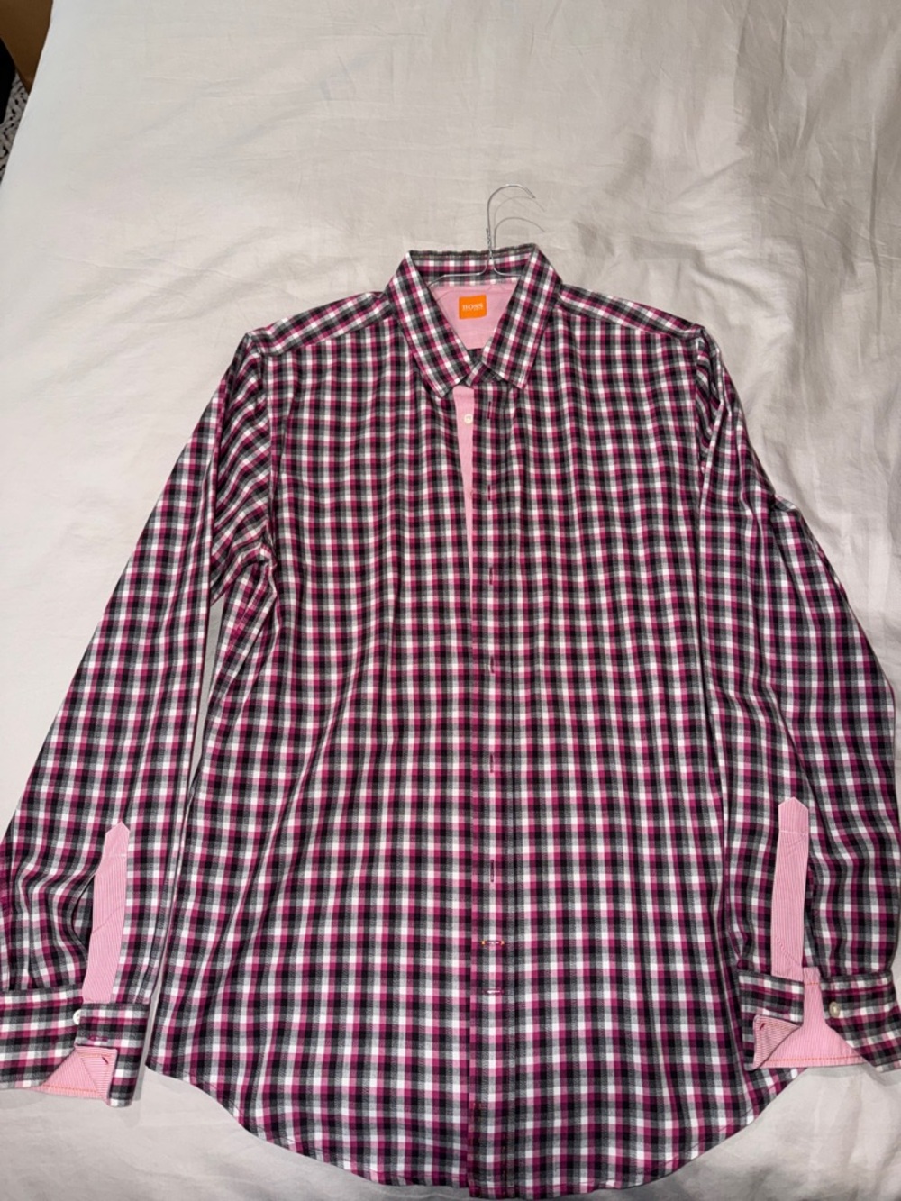 Boss Pink and Black Check Cotton Button-Down Shirt